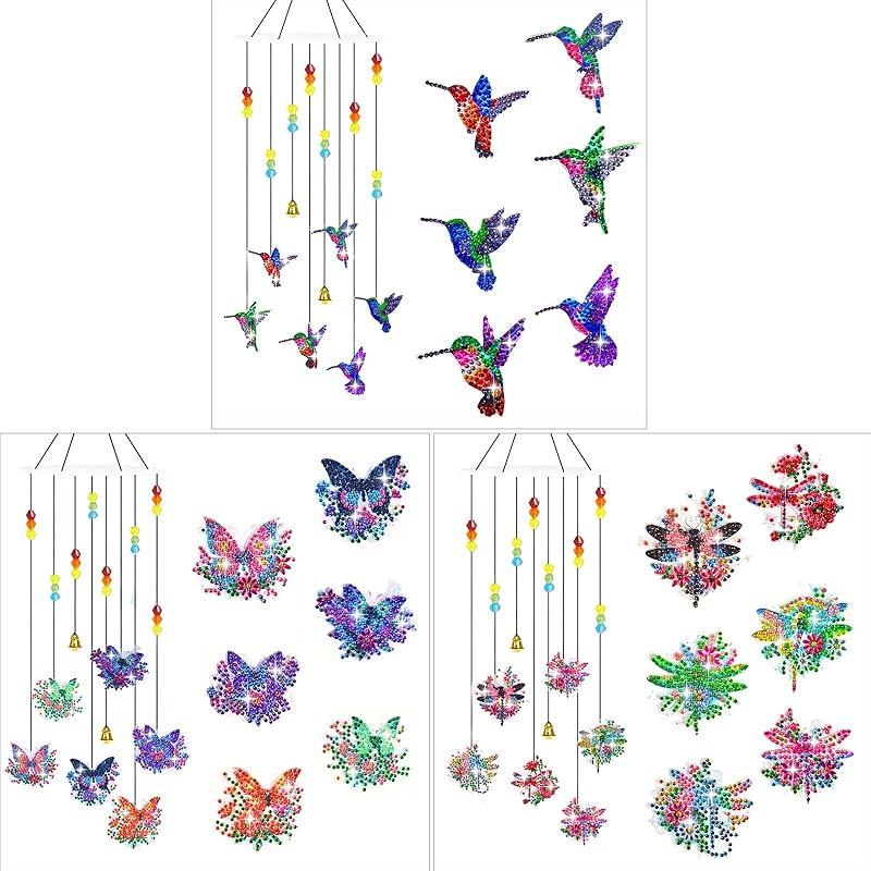 Generic DIY Dotted Diamond Art Painting Wind Chime Kit, Three-Dimensional Sun Catchers Diamonds Dot Paintings Hanging Ornaments, for Spring Garden