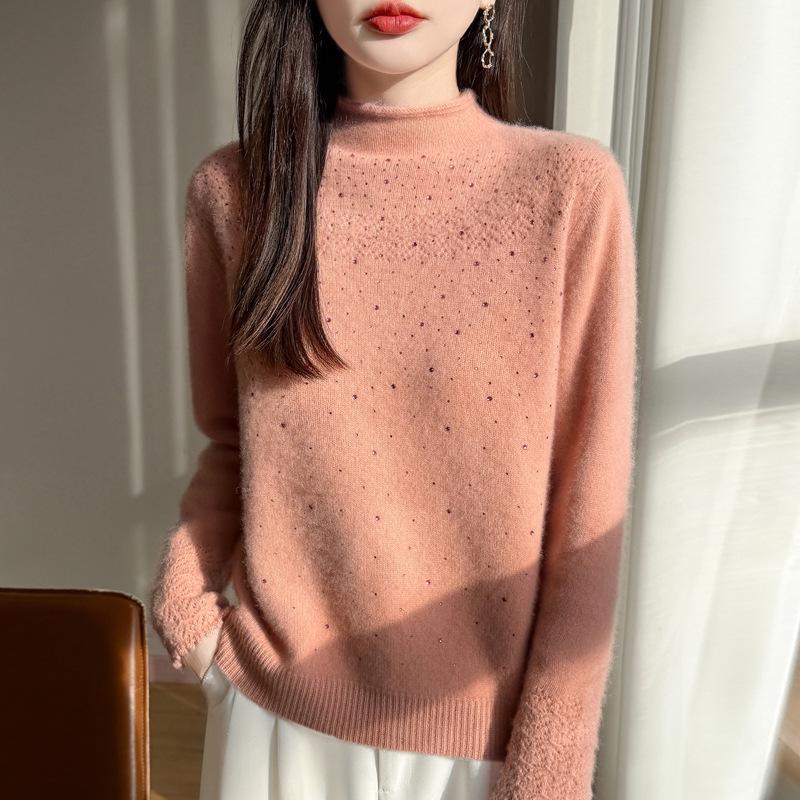 2026 A/W Wool Sweater: Thickened Roll Edge, Half-High Collar, Long Sleeve, Hot-Fix Rhinestone, Hollow-Out Knitwear.