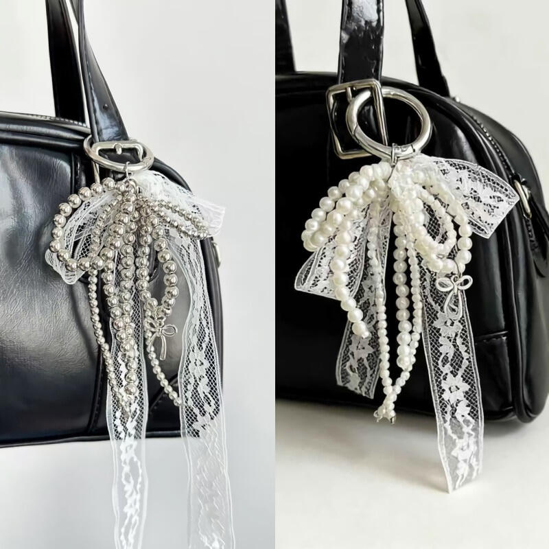 3-color pearl ribbon lace bag decoration ring key ring white