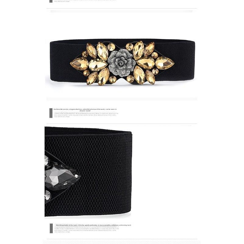 Meimeier Rose Rhinestone Embellished Elastic Waist Belt - Women's Dress Accessory, Feather Black Waist Cincher, Waist Belt