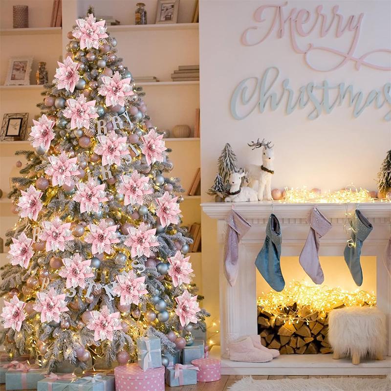 3/5/10Pcs 14.5cm Glitter Artifical Christmas Flowers Mreey Christmas Tree Decoration Happy New Year Ornaments Xmas 2025 Navidad