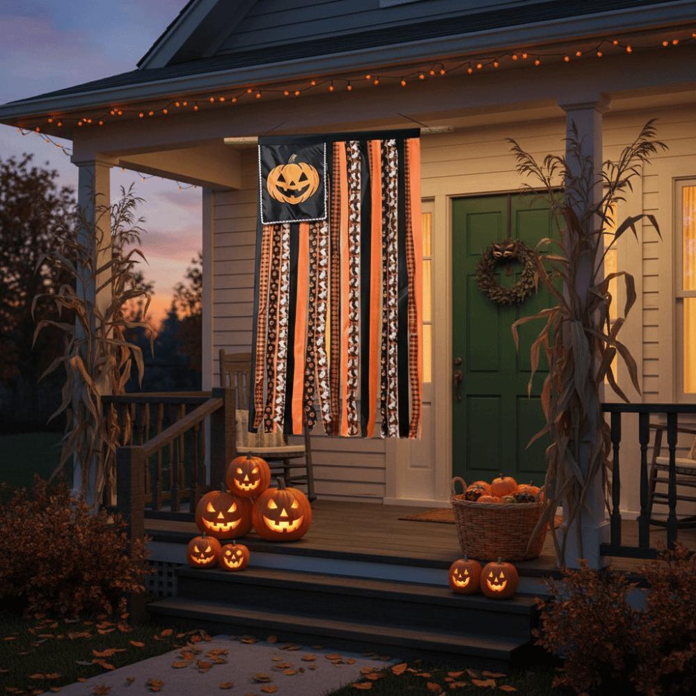 Ribbon Design Halloween Hanging Banner Pumpkin Print Wall Hanging Banner  Yard Decoration