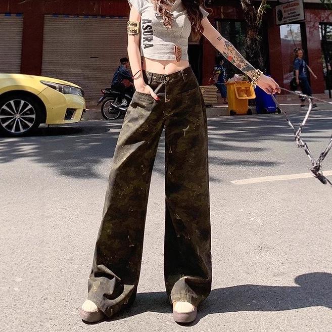 Damen Camouflage Cargo-Hose mit hoher Taille - Sommer 2025, Leicht, Schlankmachend, Lockerer gerader Schnitt Jeans