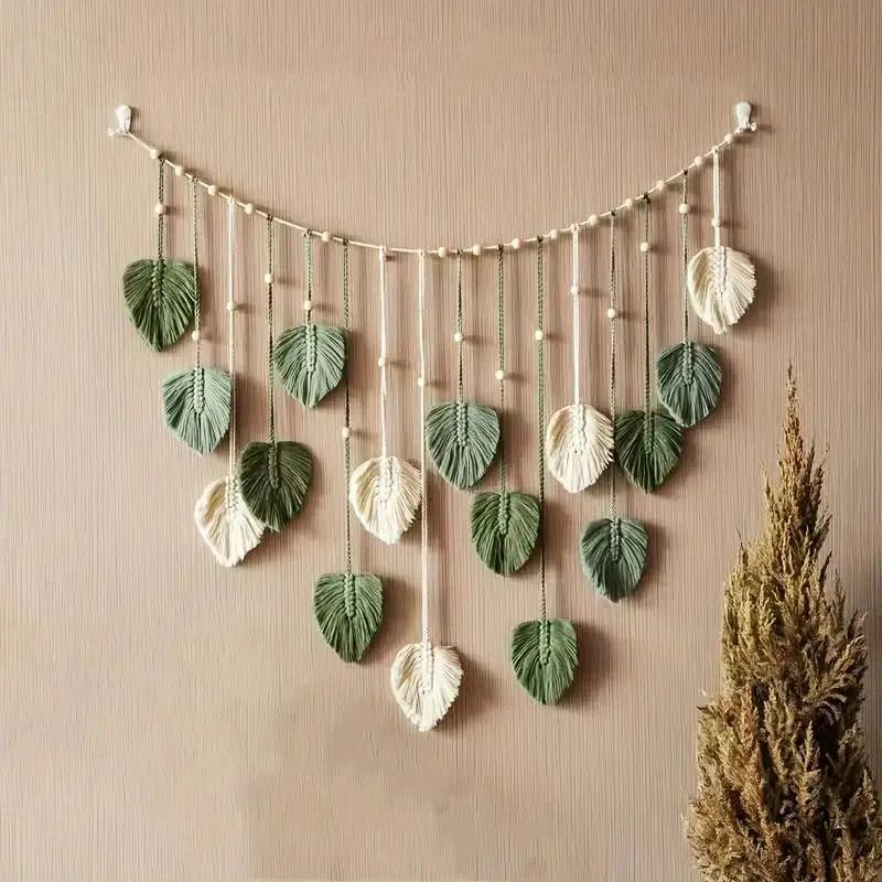 Boho bytové dekorace, makramé tapiserie makramé list peří nástěnná dekorace do obývacího pokoje ložnice, boho nástěnné umění bytové dekorace