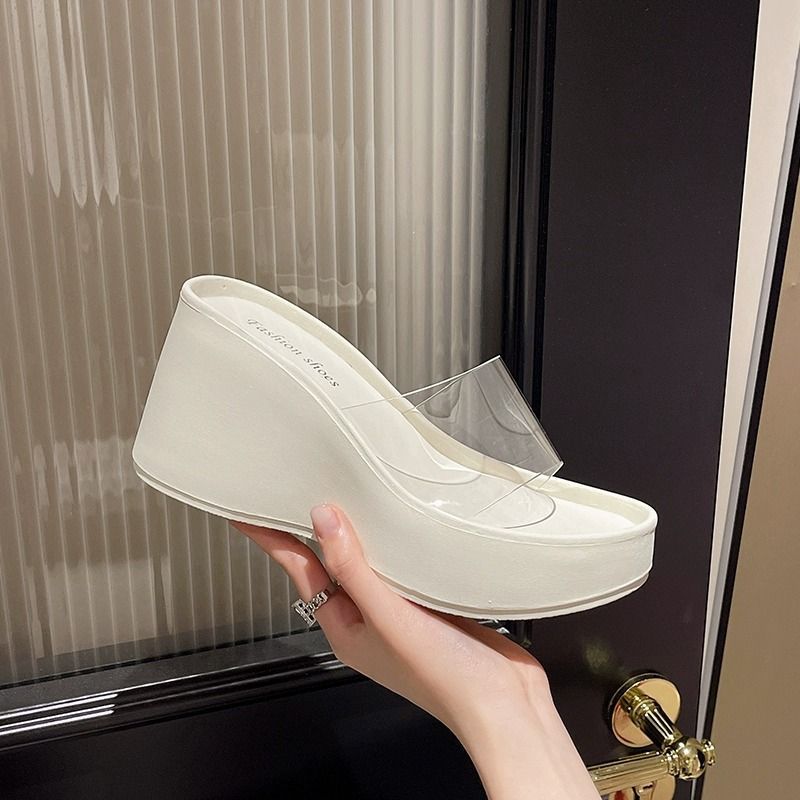 Popular Thick-bottomed Cool Slippers Women's 2025 Summer New Fashion Slope Heel Transparent Foreign Style Versatile Super Fairy One-word Drag