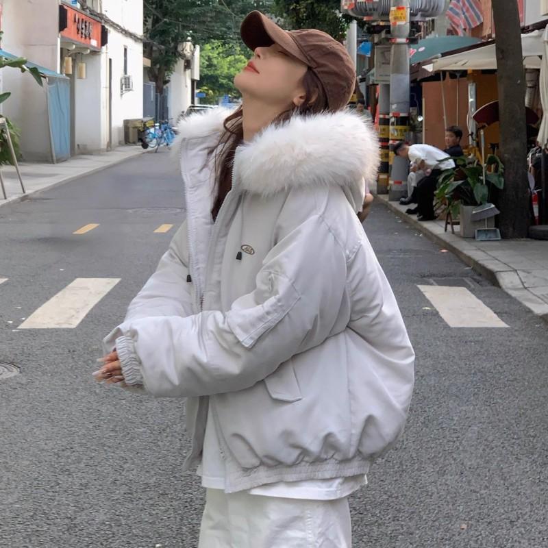 Womens Oversized Hooded Puffer Coat With Faux Fur Collar Winter Warm Thick Cotton Jacket Loose Fit Casual Outdoor