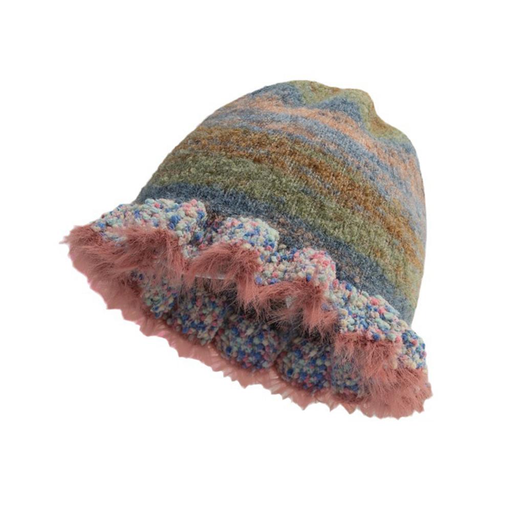 Handmade Knit Striped Bucket Hat for Woman Weaving Striped Plush Floppy Bucket Hat Adult Teens Winter Fisherman Cap