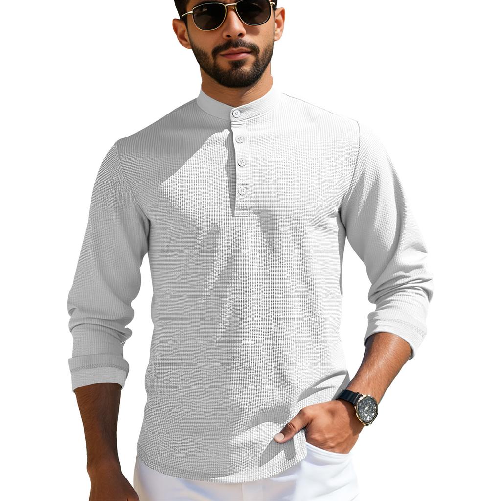 Mens Long Sleeve  Casual T-Shirts For Men Plaid Textured Top 4-Button Muscle Tee Baseball Golf