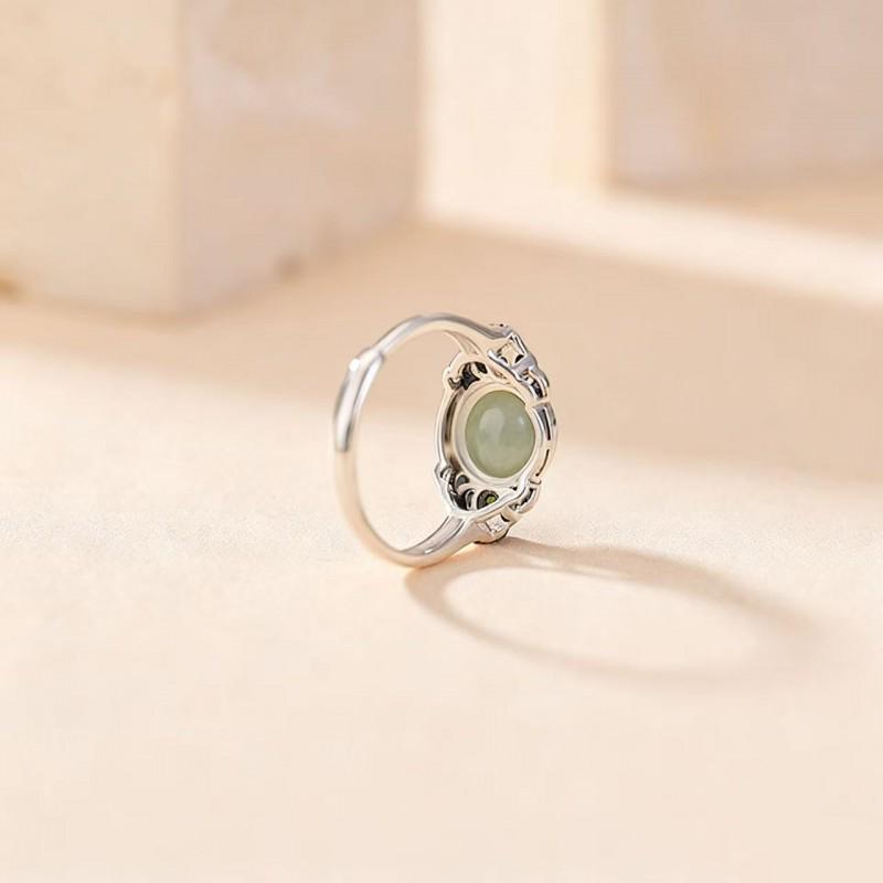 Adjustable Open Ring Women Men Natural Hetian Jade Style Turquoise Green Jadeite With Ruyi Cloud Motif Vintage Boho Ethnic