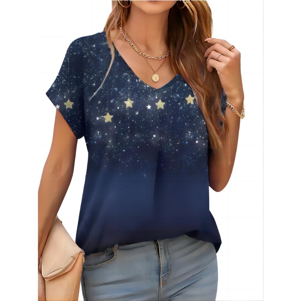 2026 New Summer Women T-shirt 3d Fashion Print Gradient Harajuku T Shirt Oversized Tee For Ladies Clothing New Short Sleeve V-Ne