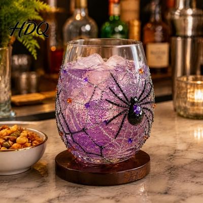 Restaurant Grade Glass Cup Halloween Artisan Glassware Stemless Drinking Glasses with Raised Pumpkin Ghost Black Cat Web Safe Food Material