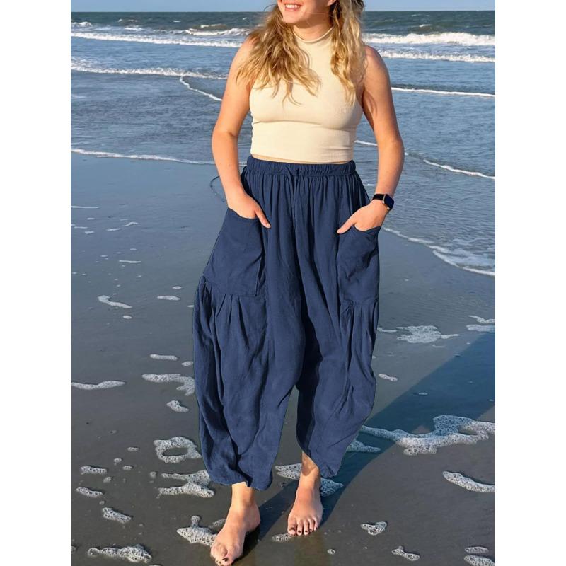Women Casual High Waist Elastic Pleated Wide Leg Beach Cropped Trousers