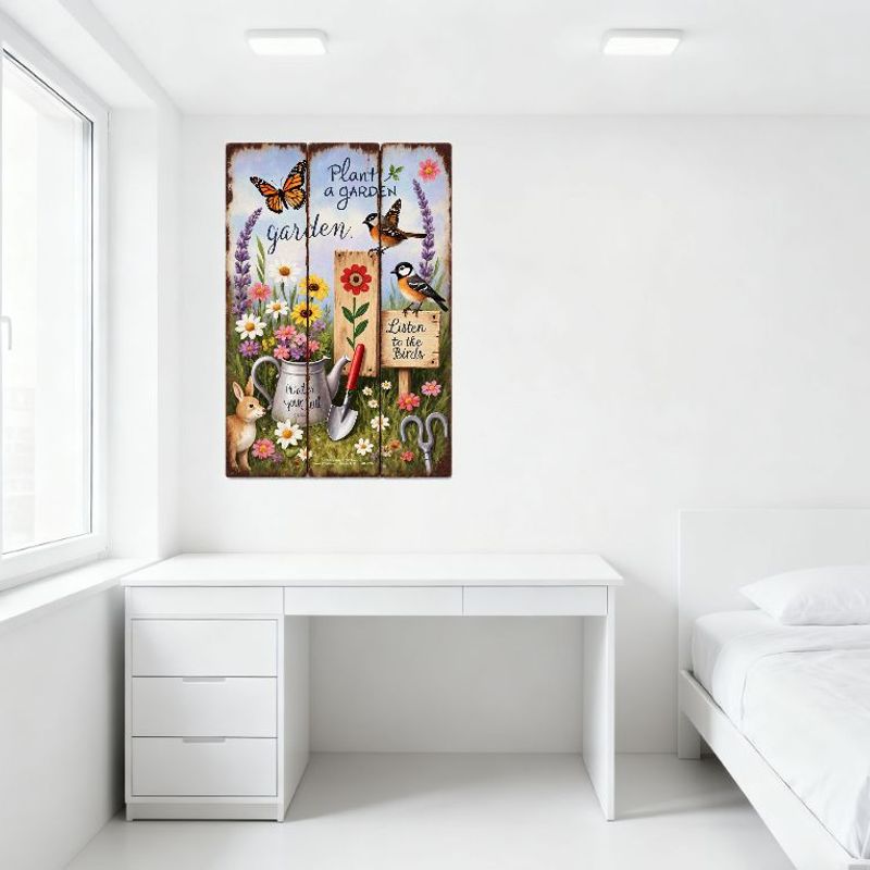 Garten-Triptychon Metallblechschild Skuriler Monarchfalter Meisen Vögel Blumen Wanddekoration für Zuhause Garten Büro Wohnzimmer