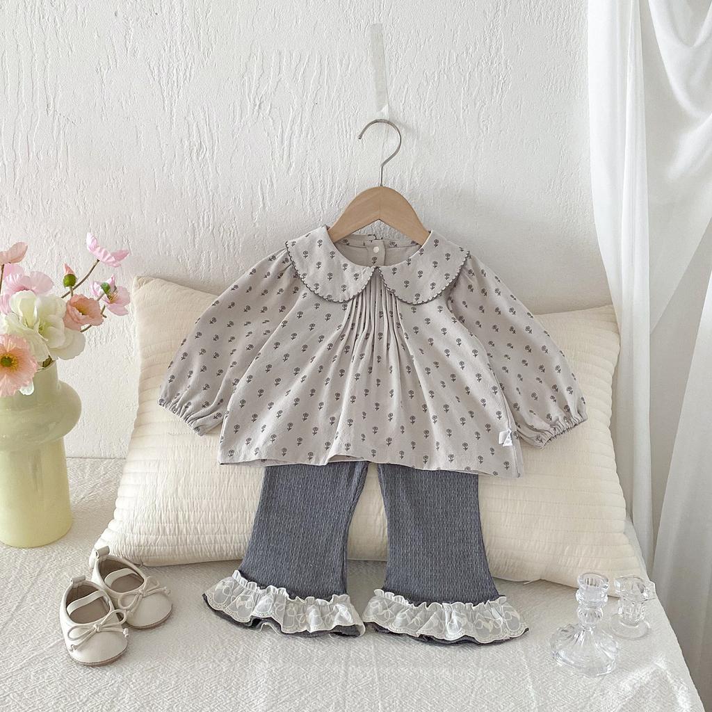 Autumn Baby Girl Fashionable All Over Print Shirt And Flare Pants Two Piece Outfit Set