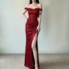 One-word shoulder blue sequined evening dress dress women's split fork harpoon tail long dress temperament banquet host long dress