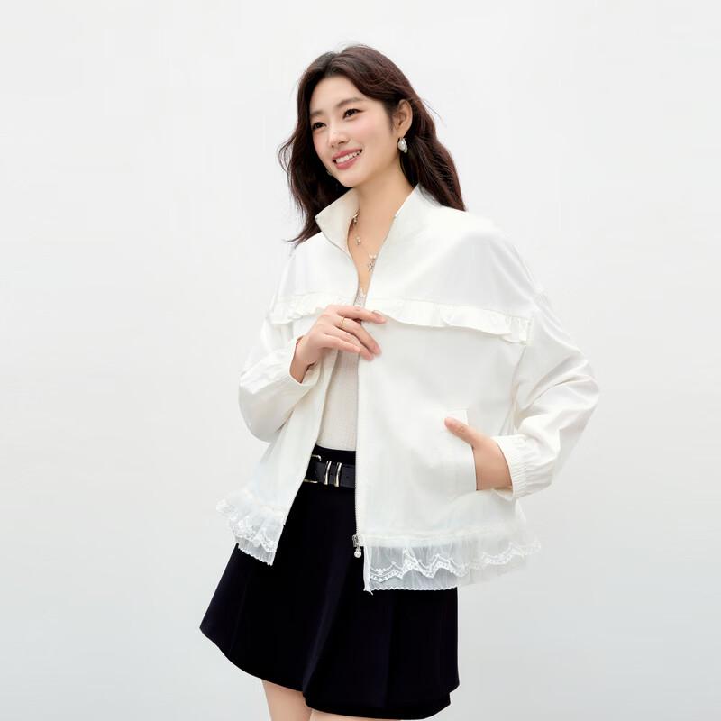 Women s Ruffle Trim Stand-Up Collar Zip Jacket S