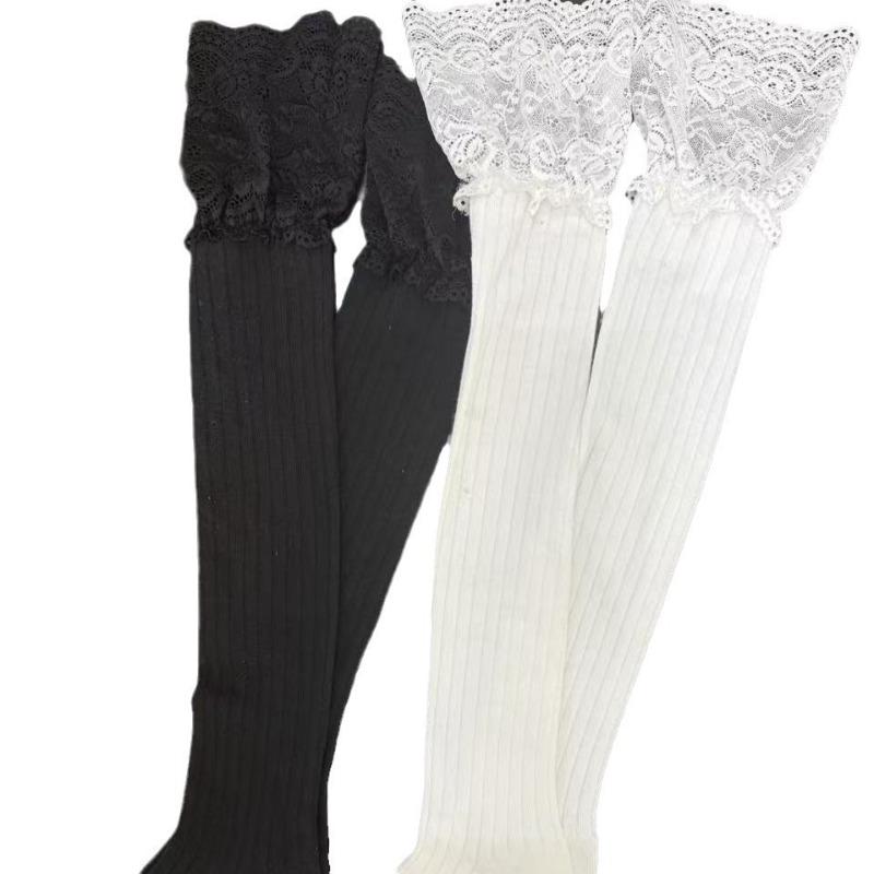 Lace Patchwork Knee-high Thigh-high Socks for Women in Autumn and Winter, Vertical Stripes for Slimming, Pure and Elegant Thigh Socks, Sweet Socks