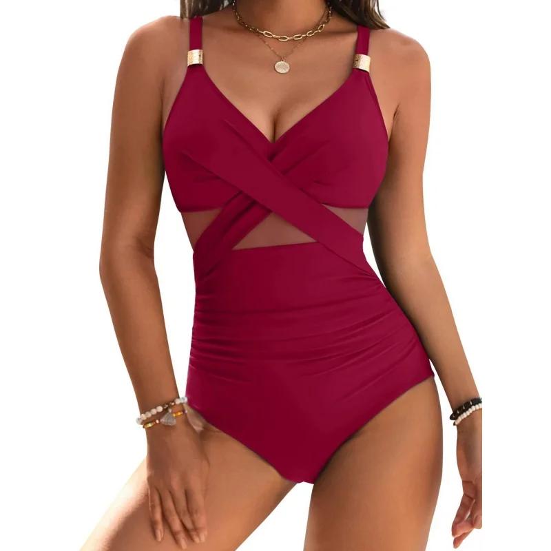 Fashion Sexy Skinny Swimwear Women Pleated Mesh Cross V Neck Suspender One Piece Swimsuit 2025 New Solid Bathing Suit Beachwear