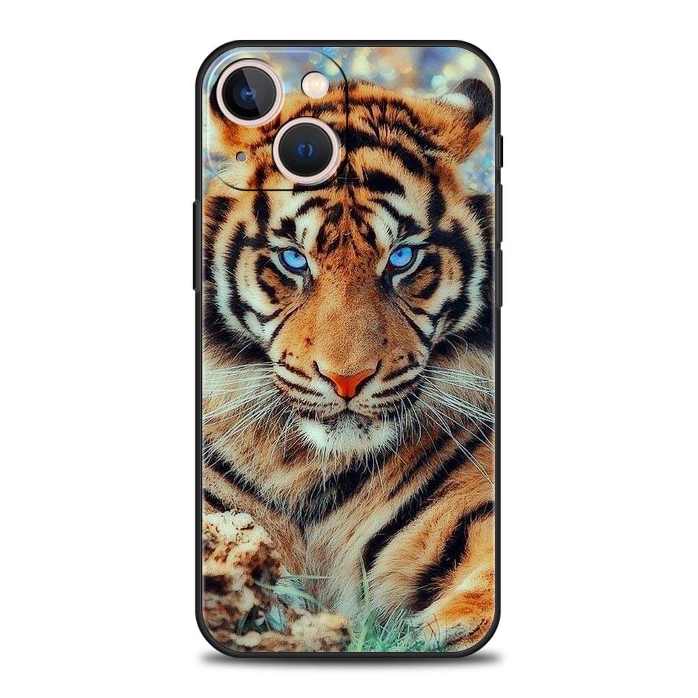 Tiger Lion Leopard Luxury Phone Case For iPhone 13 15 14 12 11 Pro MAX XR X SE XS 7 8 Plus Silicone Black Protection Cover