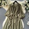 Francouzské šik Maxi šaty pro ženy Sklopný límec Lucerna Rukáv Šněrovací Dámské letní šaty Dámské Vestidos Dropship