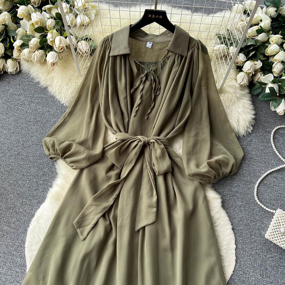 Francouzské šik Maxi šaty pro ženy Sklopný límec Lucerna Rukáv Šněrovací Dámské letní šaty Dámské Vestidos Dropship