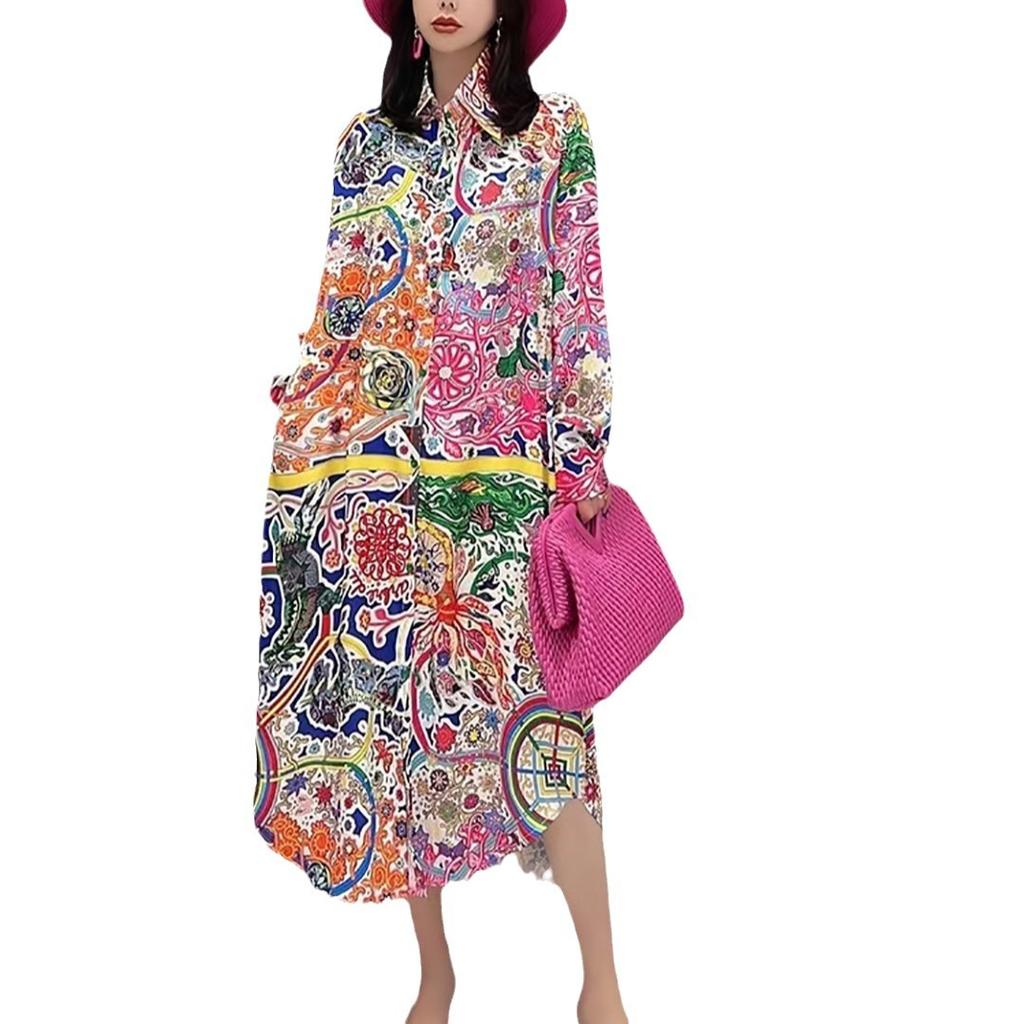 Thai Trendy Brand Spring and Summer Holiday Style Temperament Versatile Loose Printing Retro Long Shirt Dress Women