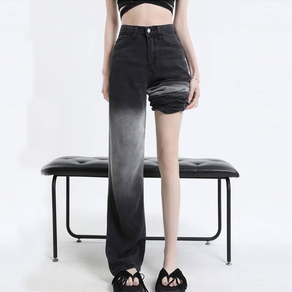 858 Black and Gray Gradual Change Wide-leg Jeans Versatile Niche Contrasting Pants Covering Meat Pear-shaped Straight Thin Floor Pants