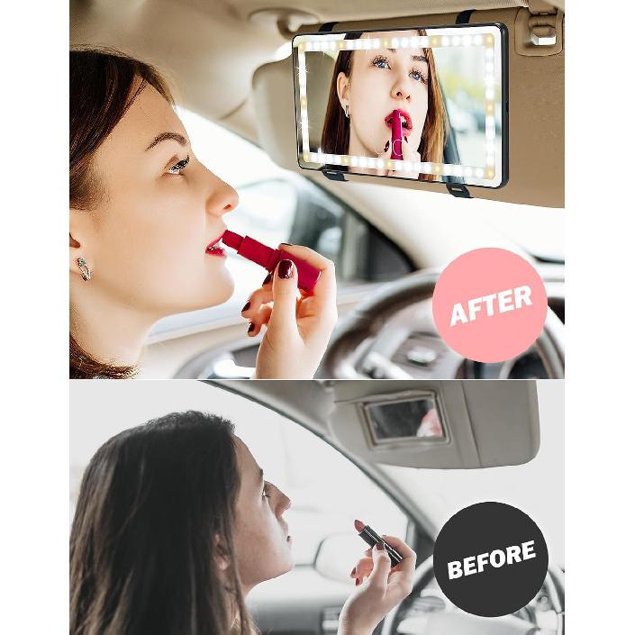 JOYTUTUS Car Sun Visor Vanity Mirror With Lights, 3 Light Modes & 60 LEDs, Rechargeable Dimmable Touch Control Travel Makeup Mirror For Truck SUV