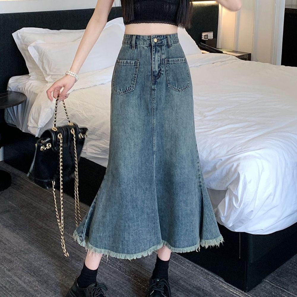 Retro Denim Skirt Women High Waist A-line Half Dress Fashion High Waist Long Skirt  Beach