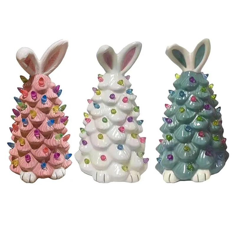 Happy Easter Bunny Tree Resin Bunny Figurines W/ Colorful Beads Tabletop Decor Lights Up Rabbits Spring Easter Decorations Gifts