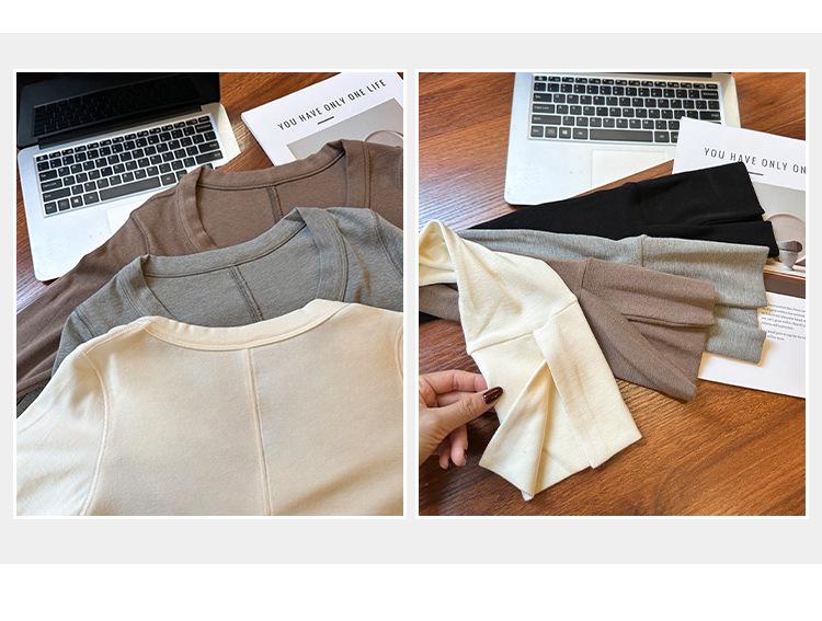 In Stock: Coffee V-Neck Button Base Layer T-Shirt - Autumn 2026 Cropped Top for Women