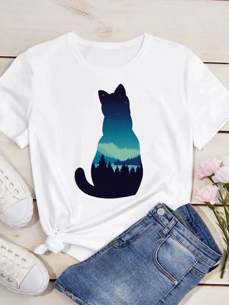 New Cute Love Heart Cat Print Women T-Shirt Casual Short Sleeve Top Summer Women's Clothing Cartoon Streetwear Y2k Clothes