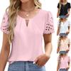 Women's Fashionable Casual Color V-Neck Hollow Lace Short Sleeved Top Short Sleeved Top