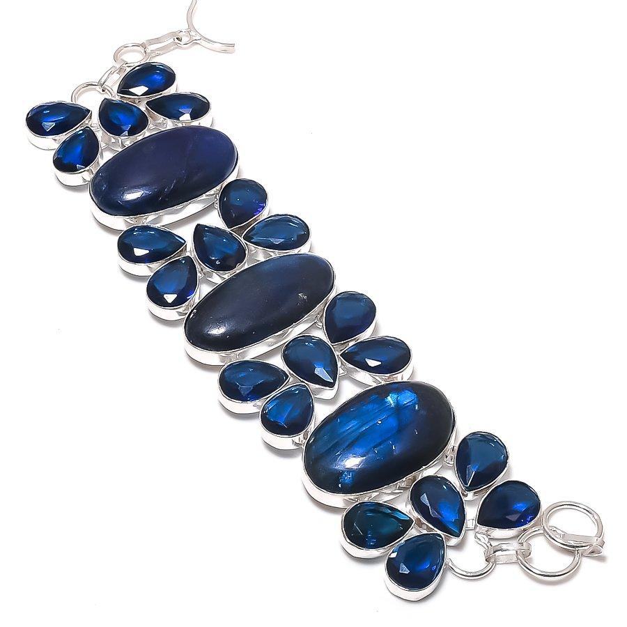 Natural Labradorite, Quartz Gemstone 925 Sterling Silver Bracelet 7-8" N7k15