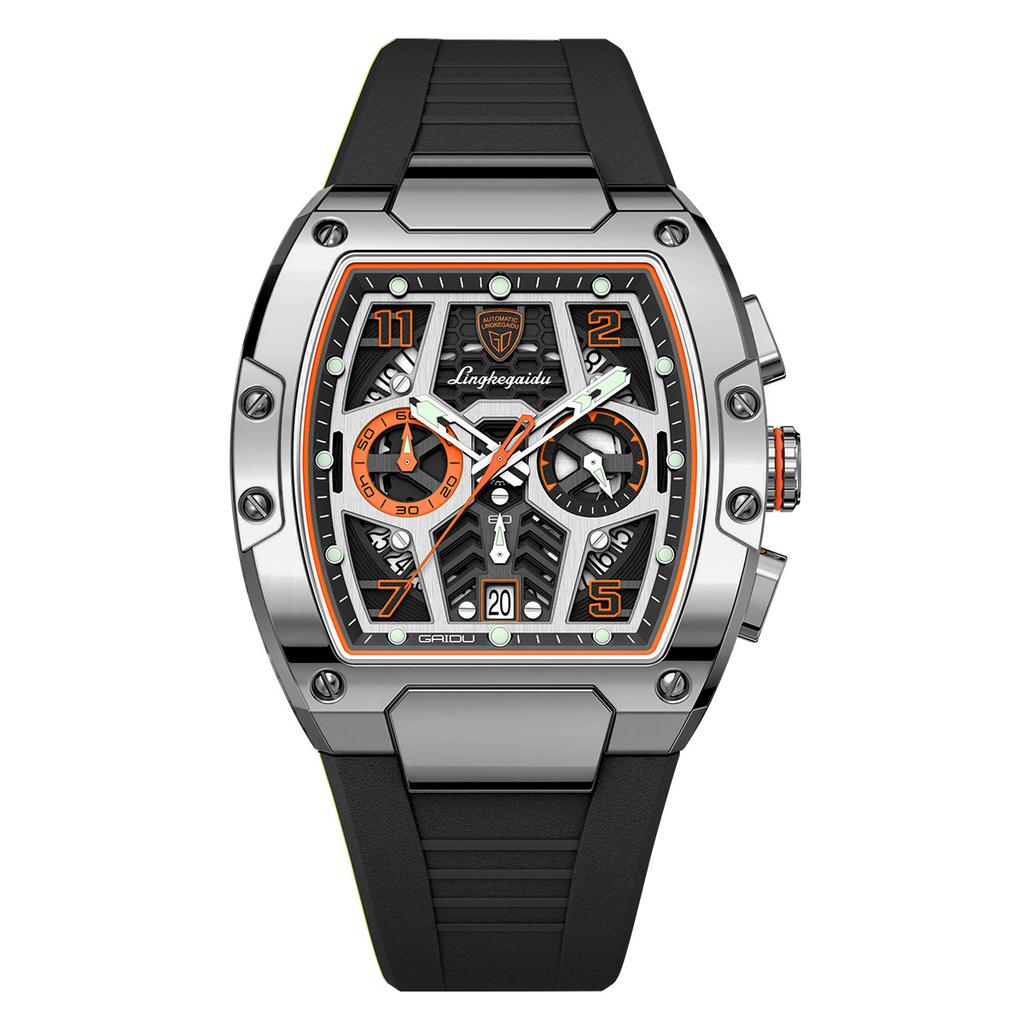 Multifunction Quartz Watches Mens Large Dial Fashion Tonneau Chronograph Watch Sports Silicone Strap,Date,Luminous
