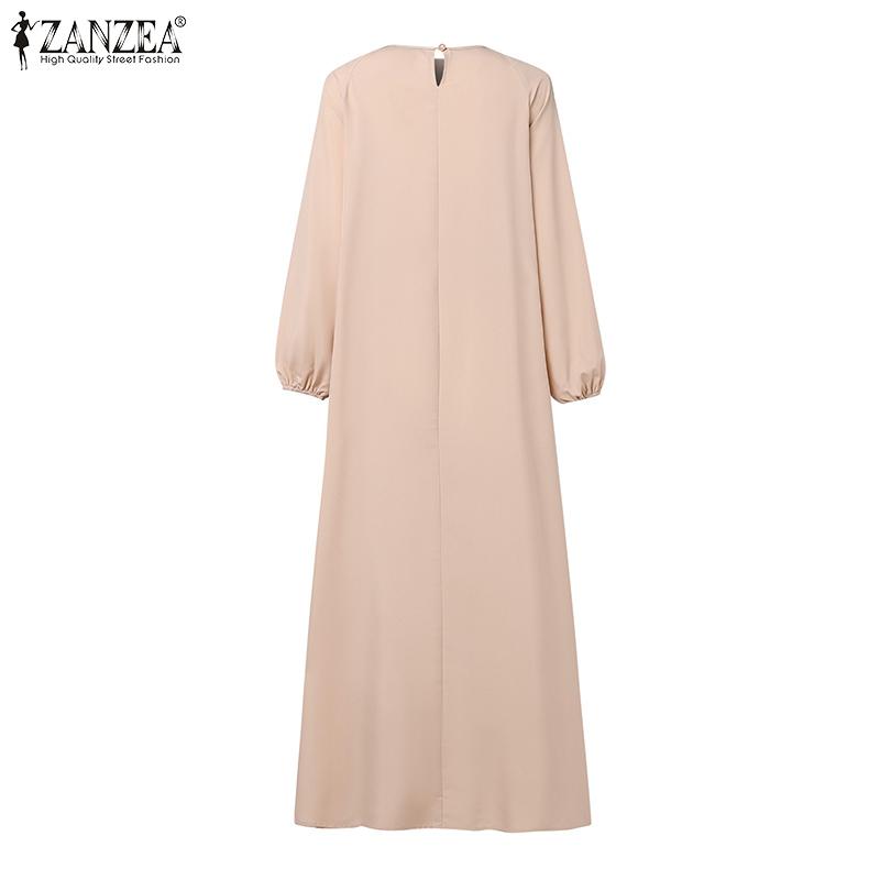 ZANZEA Women Casual O-Neck Ankle Length Lantern Sleeve Pleated Design Dress