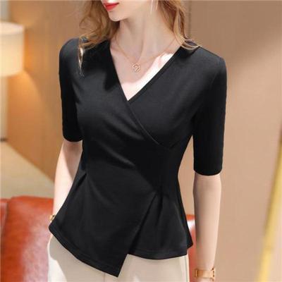 Women’s Asymmetrical V-Neck Slimming Cotton T-Shirt with Waist-Gathering Mid-Length Sleeves