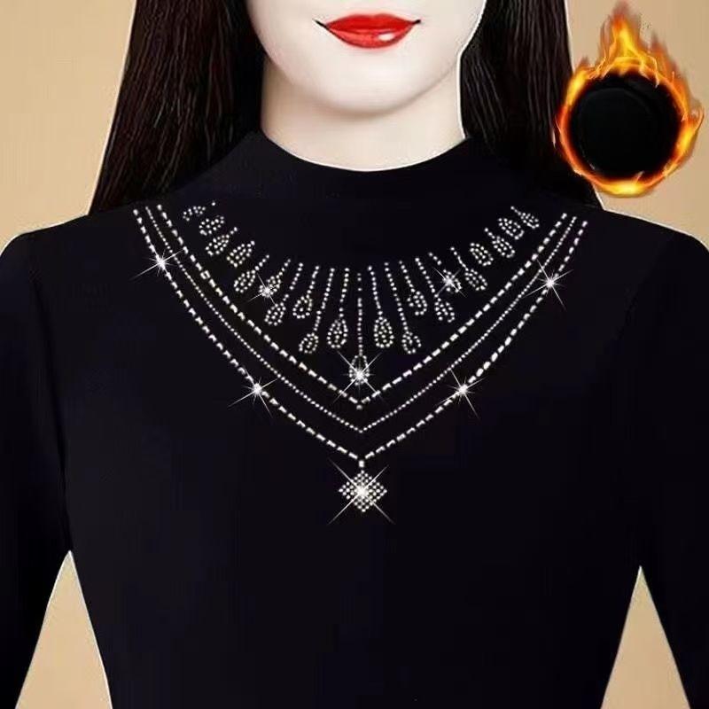 

Women s Double-Sided Velvet Base Shirt Autumn Winter Semi-Turtleneck Long Sleeve T-Shirt Slim Fit Rhinestone Warm Base Shirt M
