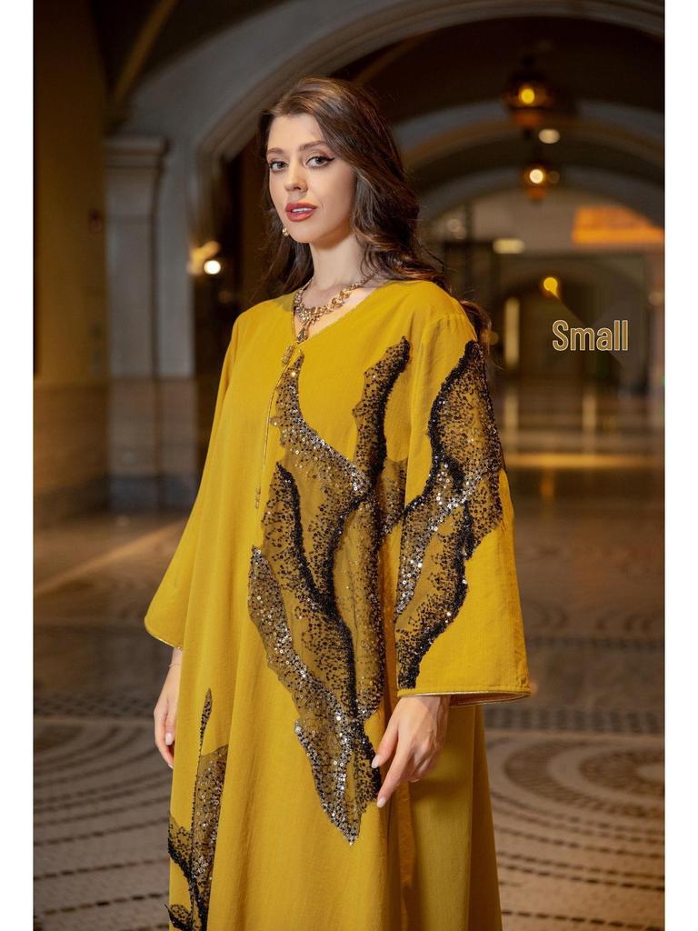 AB309 Women's Sequin Embroidered Muslim Long Dress - Autumn Dubai Jalabiya