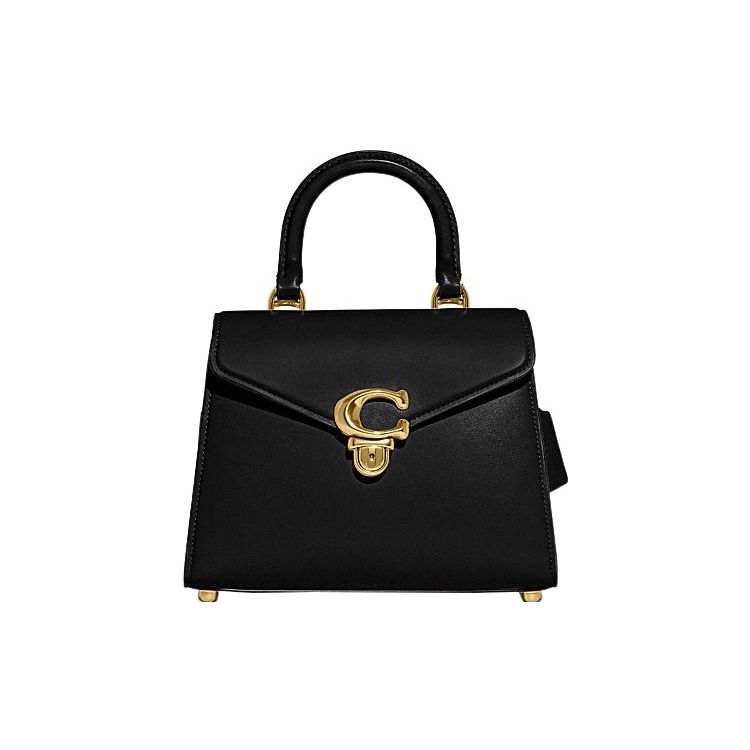 Coach Women's Black 24 Push Lock Closure Leather Tote Shoulder Crossbody Bag Medium Bags Ch723-B4bk