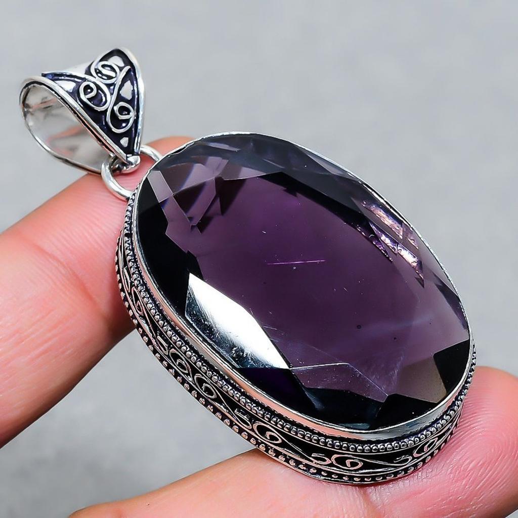 Lab Created African Amethyst Vintage Pendant 2.3" Silver Tone Oval Cut Gemstone
