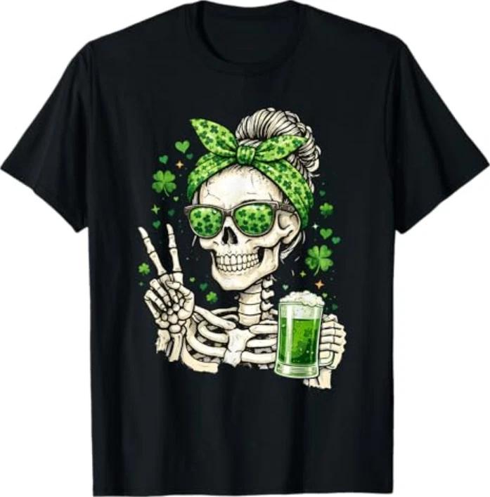Skull Sunglass Messy Bun Irish Funny St Patricks Day Unisex Tshirt S