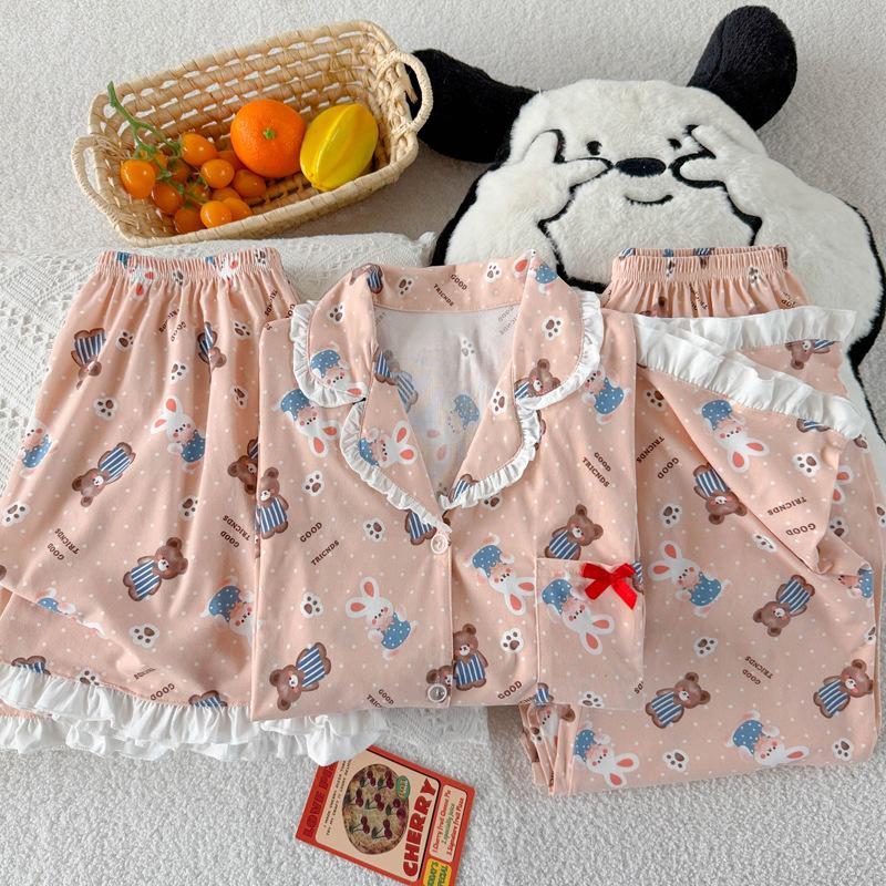 Little Bear Rabbit Cartoon Casual Sweet Pajamas Ladies Summer Imitation Cotton Edge Short Sleeve Three-piece Set