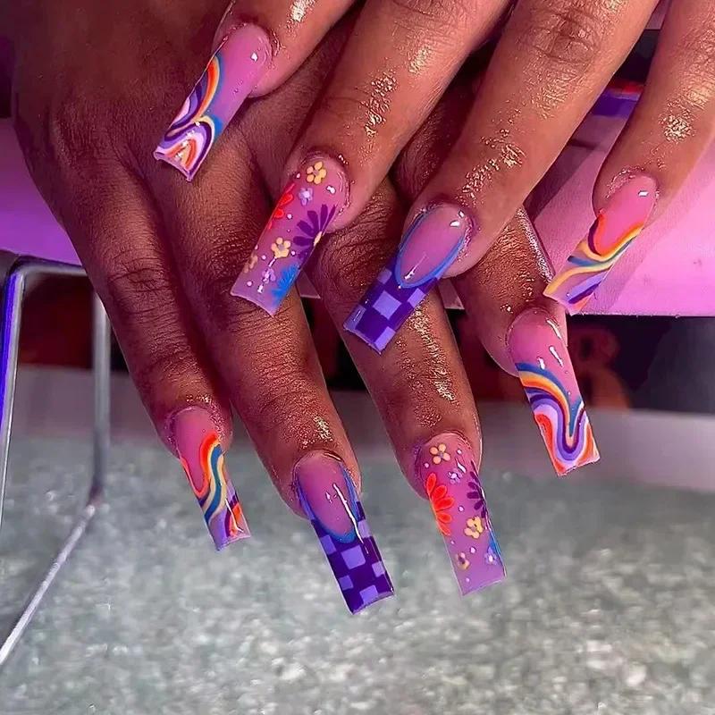 24Pcs Long Coffin False Nails with Love Rhinestone Design Pink French Ballet Fake Nails Manicure Tips Wearable Press on Nails