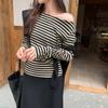 Korean Style Non-contrasting Shirt Unique Striped Slanted Shoulder Long-sleeved T-shirt for Women New Early Autumn Chic Off-shoulder Top
