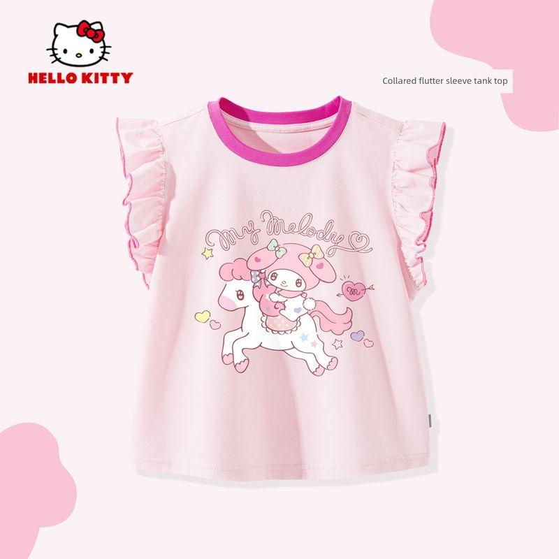 My Melody Girls' Flutter Sleeve T-Shirt Summer 2026 New Pink Children's Round Neck Top Cute Baby Girl Vest