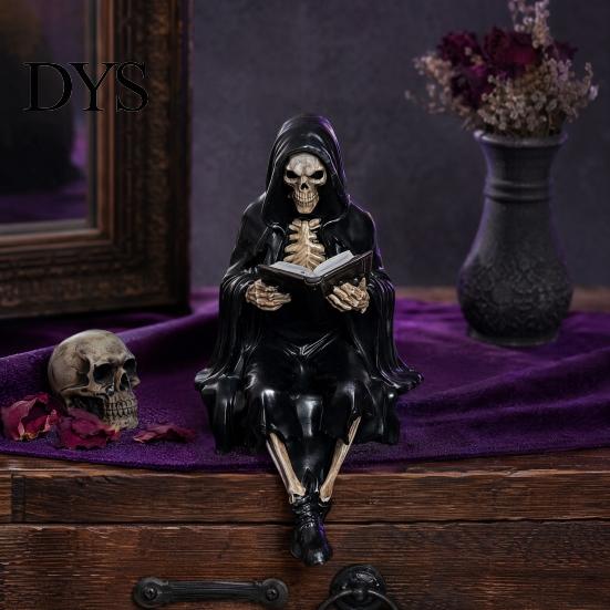 Donkere Opvallende Beeldje Gotische Fantasy Lezend Figuur, Mysterieuze Figuur met Kap Beeldhouwwerk, Hars Beeldhouwwerk Zittende Magere Hein Standbeeld voor Boekenkast,