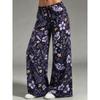 Women Low Waist Wide Leg Pants Watercolor Big Floral Print Elastic Drawstring Casual Loose Trousers