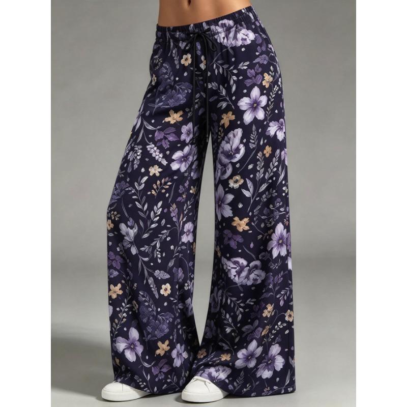 Women Low Waist Wide Leg Pants Watercolor Big Floral Print Elastic Drawstring Casual Loose Trousers