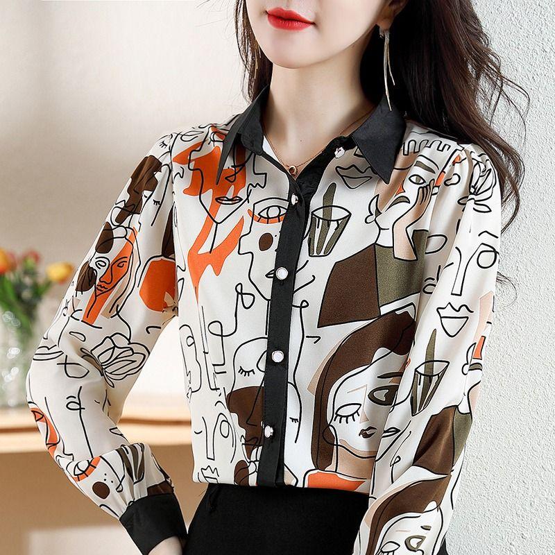 Fashion Printed Shirt  Spring Autumn Commute Single-breasted Casual Korean Polo-Neck Spliced Women's Clothing Loose Blouse